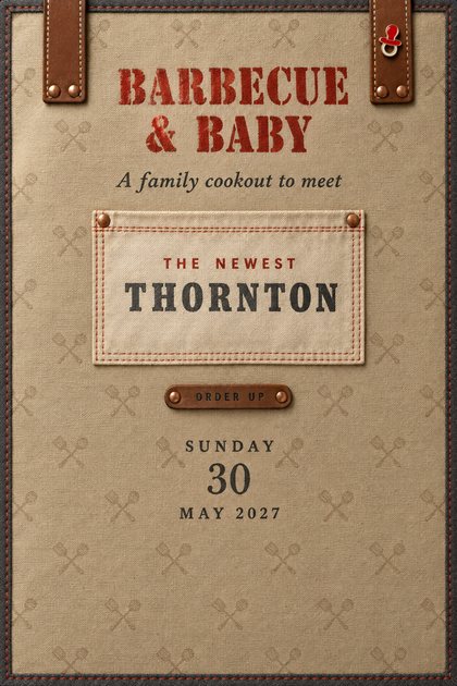 Tan canvas invitation with a stitched charcoal border, red stencil title Barbecue & Baby, a cream order slip dated May 30, 2027, and wood-handled grill tongs.