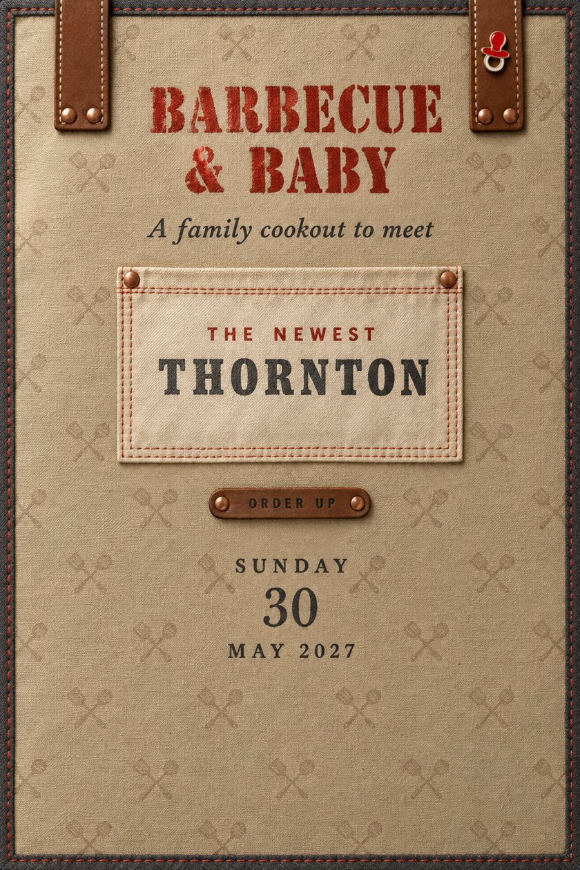 Just because invitation: Tan canvas invitation with a stitched charcoal border, red stencil title Barbecue & Baby, a cream order slip dated May 30, 2027, and wood-handled grill tongs.