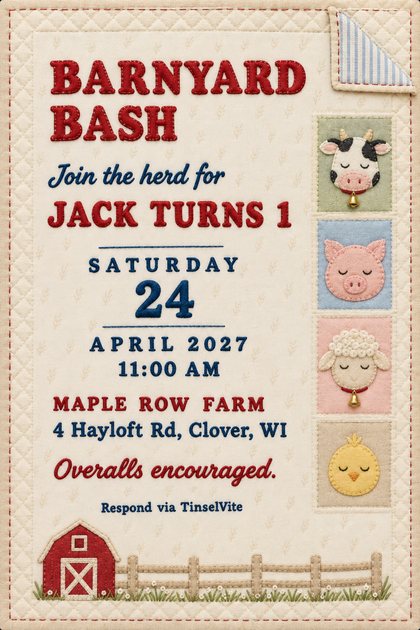 Birthday invitation on cream quilted cotton with a column of felt cow, pig, lamb and chick faces, a red barn and fence, and embroidered Barnyard Bash, date and venue below.