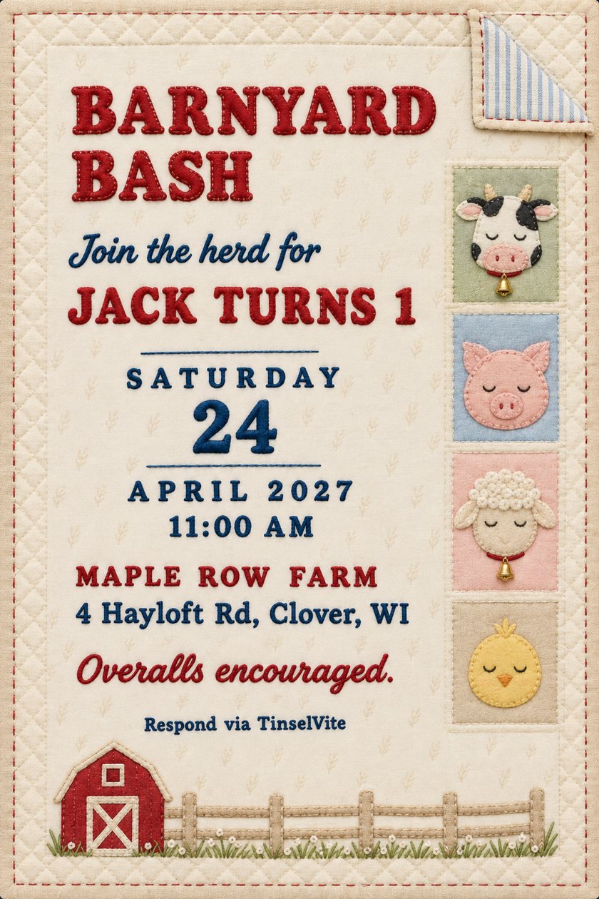 Birthday invitation on cream quilted cotton with a column of felt cow, pig, lamb and chick faces, a red barn and fence, and embroidered Barnyard Bash, date and venue below.