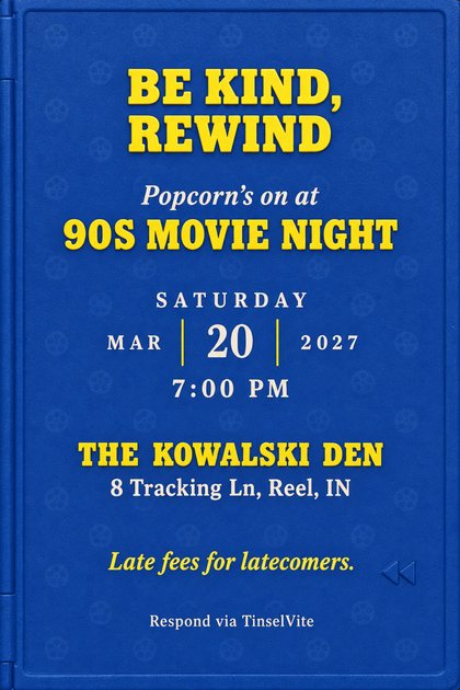 Royal-blue molded plastic movie case watch party invitation with yellow slab capitals reading Be Kind, Rewind and 90s Movie Night, a rewind arrow, and the date and venue below.