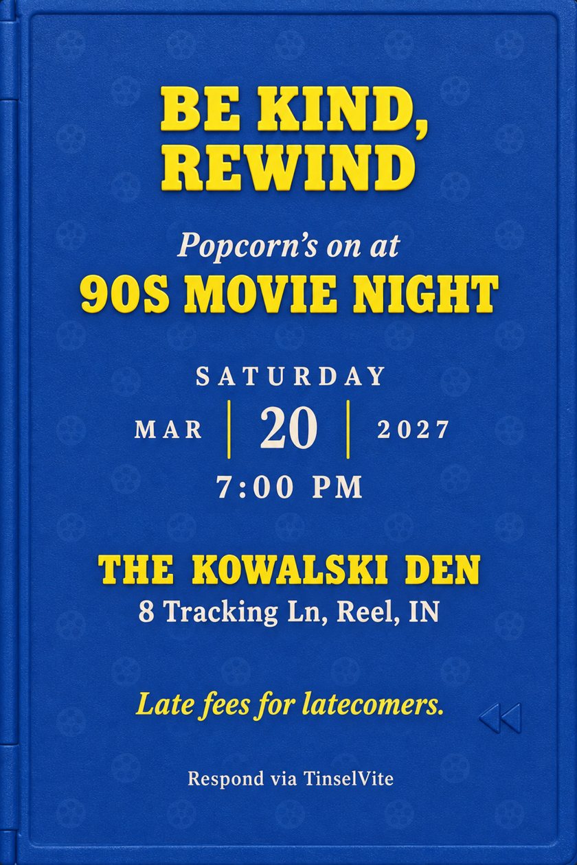 Royal-blue molded plastic movie case watch party invitation with yellow slab capitals reading Be Kind, Rewind and 90s Movie Night, a rewind arrow, and the date and venue below.