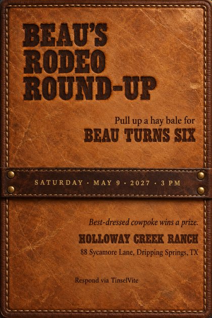Caramel saddle-leather card. BEAU'S RODEO ROUND-UP branded in slab capitals at top left, BEAU TURNS SIX pressed at right, and a brass-riveted dark strap with the date and venue below.