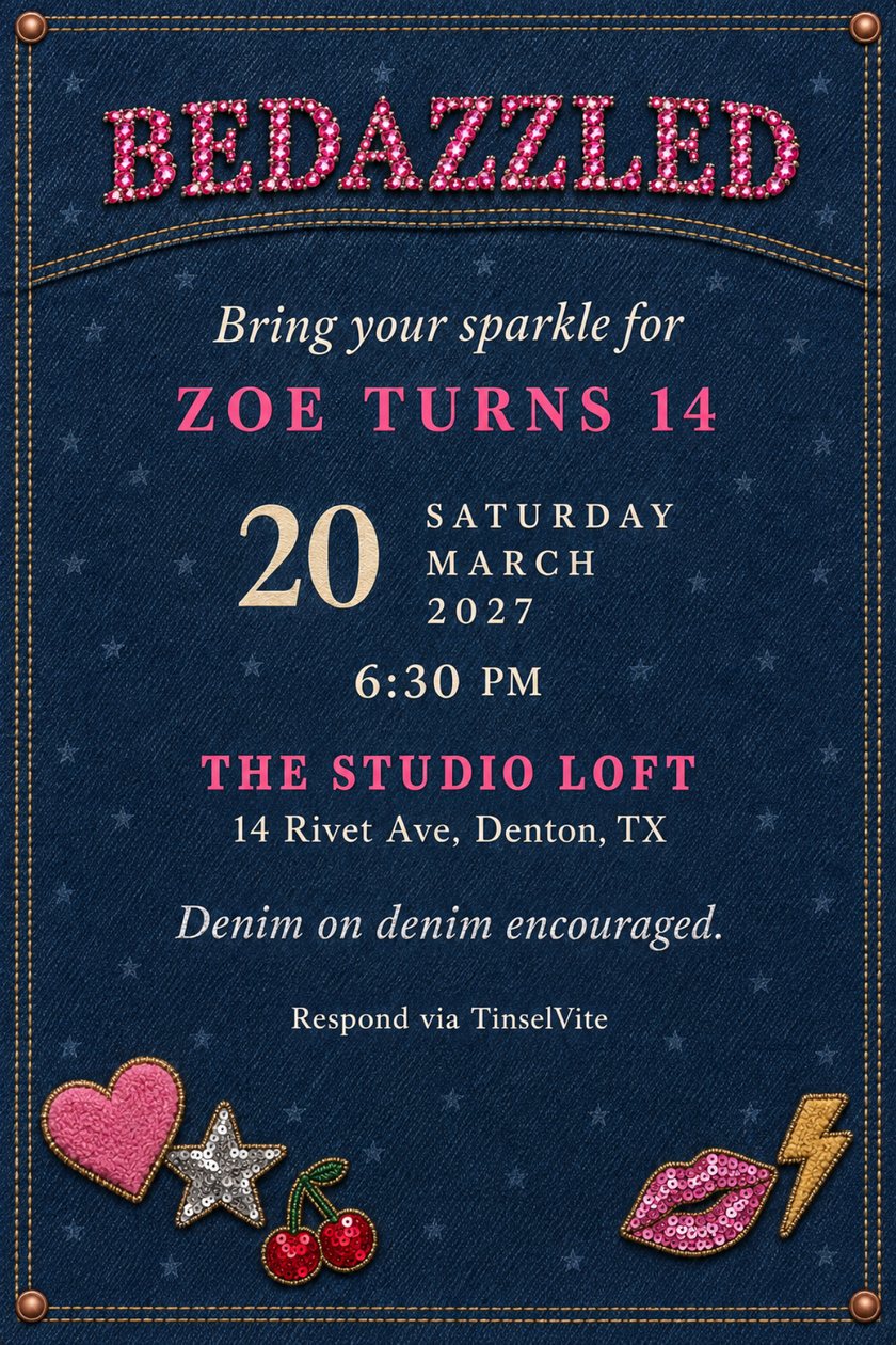 Birthday invitation styled as the back of a dark denim jacket, with hot pink rhinestone BEDAZZLED lettering, gold stitching, rivets and patches, with the date and venue below.