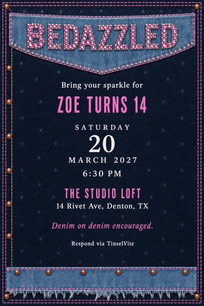 Birthday invitation styled as the back of a denim jacket: pink rhinestone BEDAZZLED on a light blue yoke, copper rivets, pink stitching, with the date and venue below.