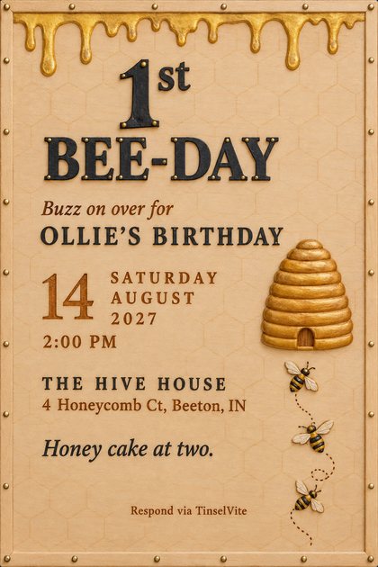 First birthday invitation on a maple wood plaque with honey dripping across the top, a carved golden beehive, three bees on a dotted trail, and 1st BEE-DAY in large black letters.