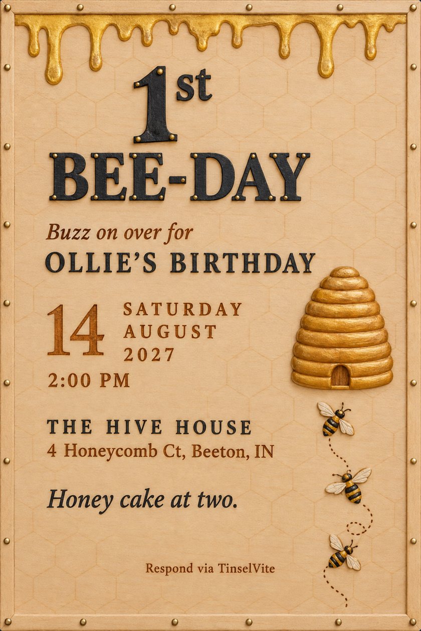 First birthday invitation on a maple wood plaque with honey dripping across the top, a carved golden beehive, three bees on a dotted trail, and 1st BEE-DAY in large black letters.