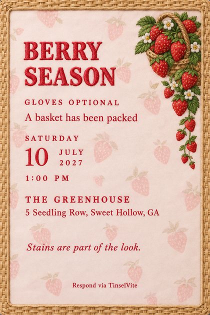Blush pink card in a woven wicker frame with faint strawberries, an embroidered basket of red berries and white blossoms trailing down the right, red BERRY SEASON title with date and venue.