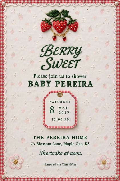 Cream eyelet card with red gingham border and pearl corners. Embroidered strawberries with a gold chain and ruby charms sit above green script reading Berry Sweet, then a gingham date tag.
