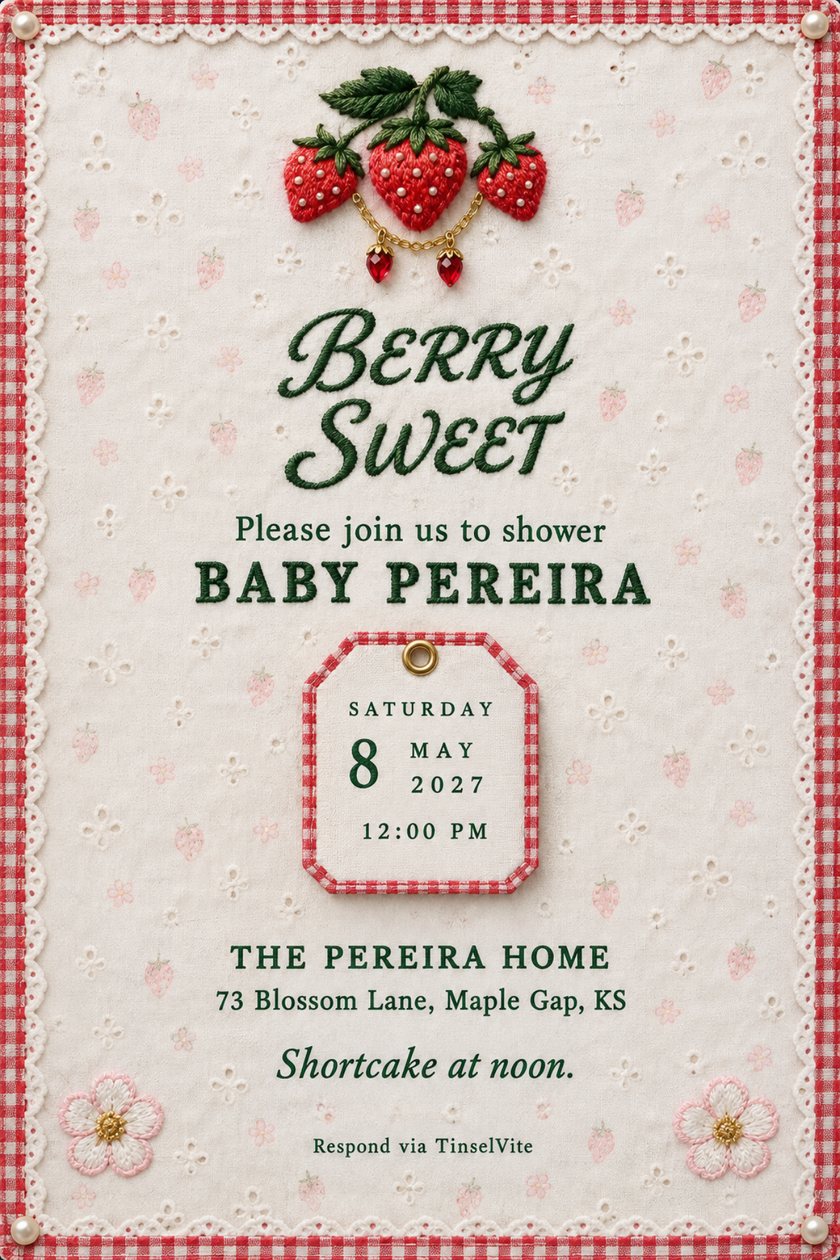 Baby shower invitation: Cream eyelet card with red gingham border and pearl corners. Embroidered strawberries with a gold chain and ruby charms sit above green script reading Berry Sweet, then a gingham date tag.