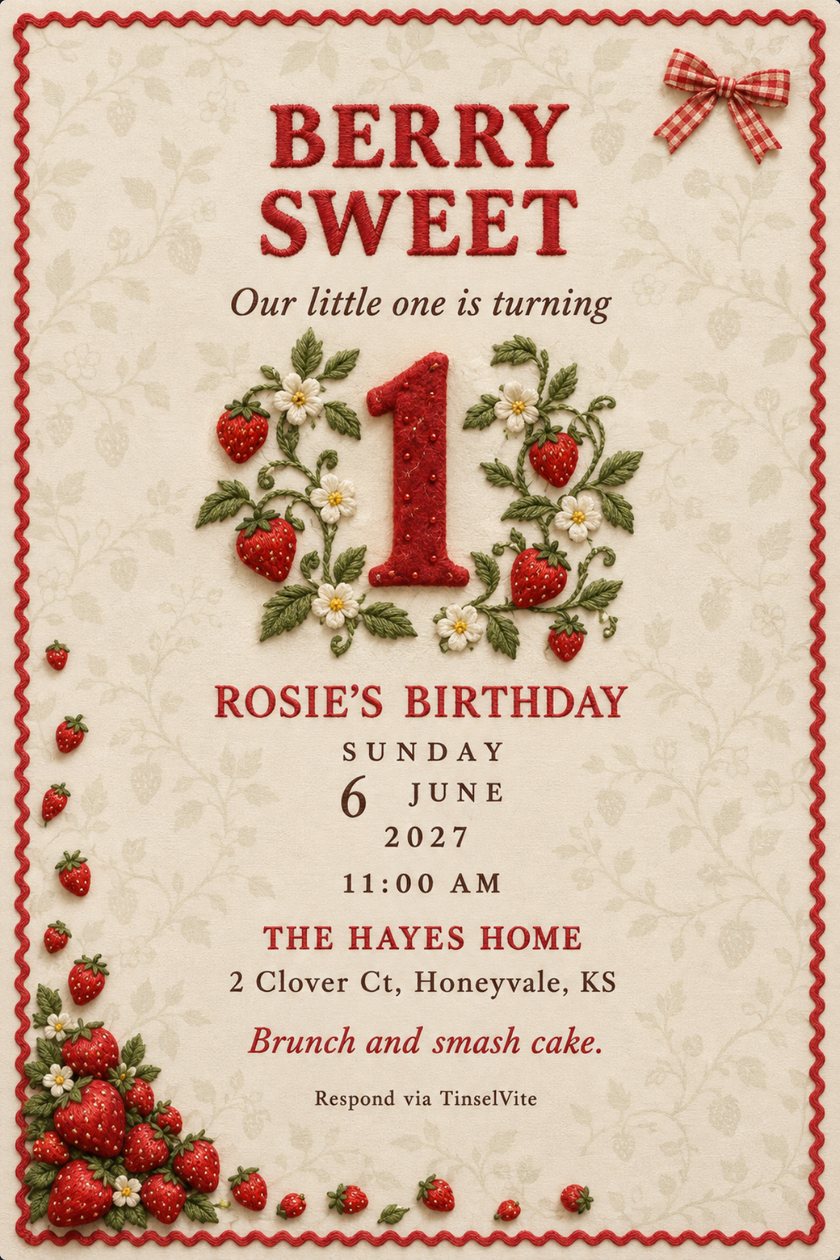 First birthday invitation on cream cotton with a red felt numeral 1 among embroidered strawberry vines and blossoms, a gingham bow, a rickrack border and the heading Berry Sweet.