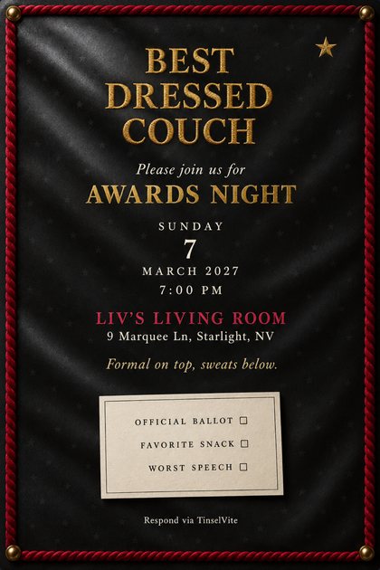 Watch party invitation on black satin with a red rope border, gold embroidered title Best Dressed Couch, Awards Night, the date and venue below, and a cream ballot card.