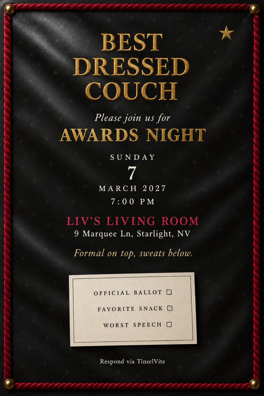 Watch party invitation on black satin with a red rope border, gold embroidered title Best Dressed Couch, Awards Night, the date and venue below, and a cream ballot card.