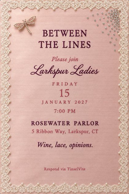 Book club invitation on blush pink silk with an ivory lace border edged in pearls, a dragonfly brooch, scattered rhinestones and Between the Lines in plum capitals, with the date and venue below.