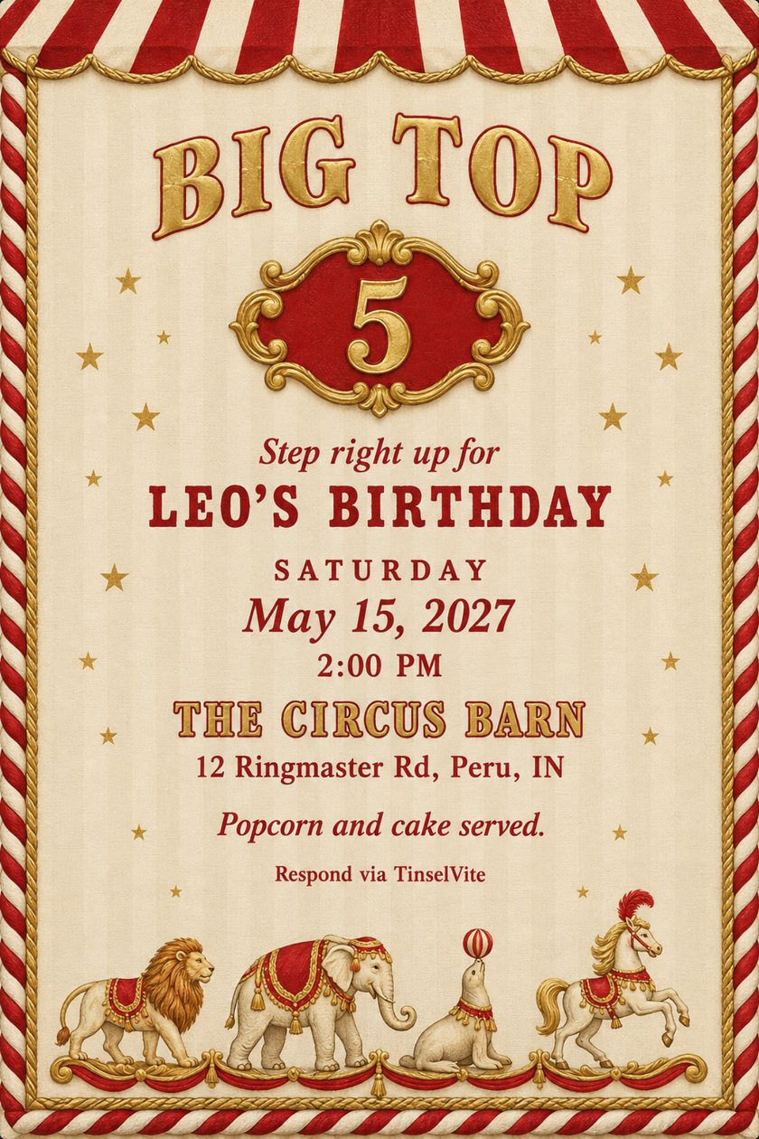 Circus birthday invitation on cream canvas with a red and white striped tent top, gold BIG TOP lettering, a gilded frame around a 5, and carved animals along the foot.