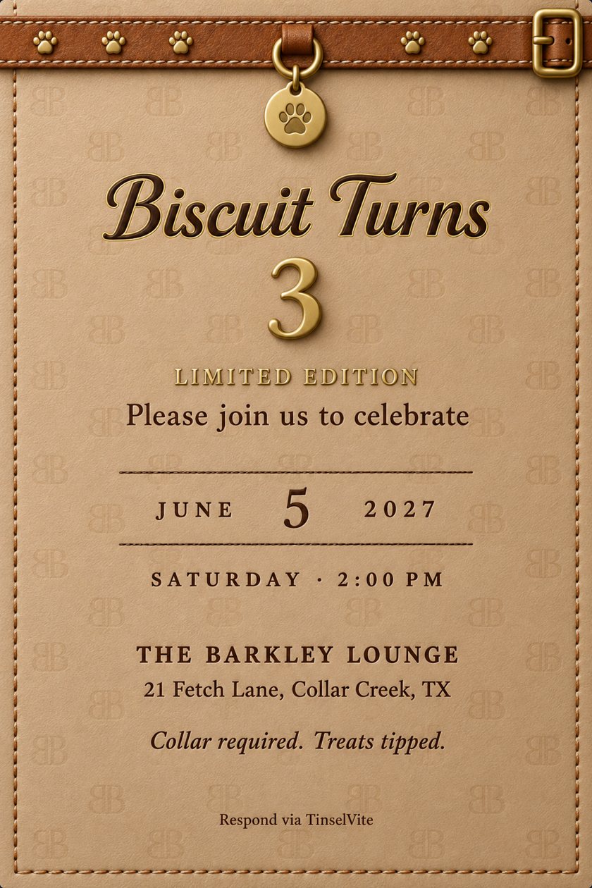 Just because invitation: Tan leather card with a cognac collar strap, brass paw studs and a buckle across the top, a brass paw tag on a D-ring, and "Biscuit Turns 3" in script above LIMITED EDITION and the details below.