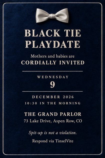 Midnight blue velvet card with a silver bow tie at top. Ivory capitals read BLACK TIE PLAYDATE and CORDIALLY INVITED, with Wednesday 9 between two thin rules, venue below.