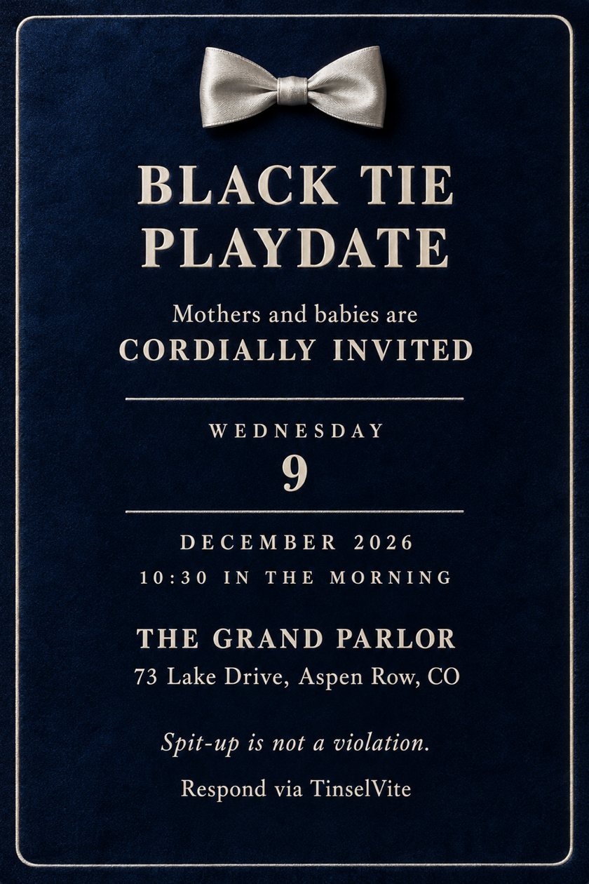 Just because invitation: Midnight blue velvet card with a silver bow tie at top. Ivory capitals read BLACK TIE PLAYDATE and CORDIALLY INVITED, with Wednesday 9 between two thin rules, venue below.