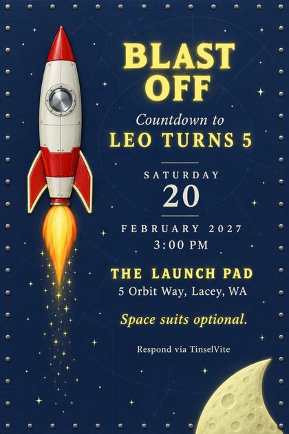 Birthday invitation on a navy riveted panel with a red and white rocket and fiery flame at left, a crescent moon below, and the title Blast Off in glowing yellow, date and venue below.