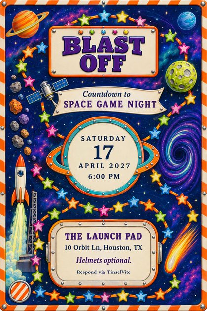 Space game night invitation on an orange and white striped tin frame, with a rocket, planets and a star-tile path around panels reading Blast Off, with the date and venue below.