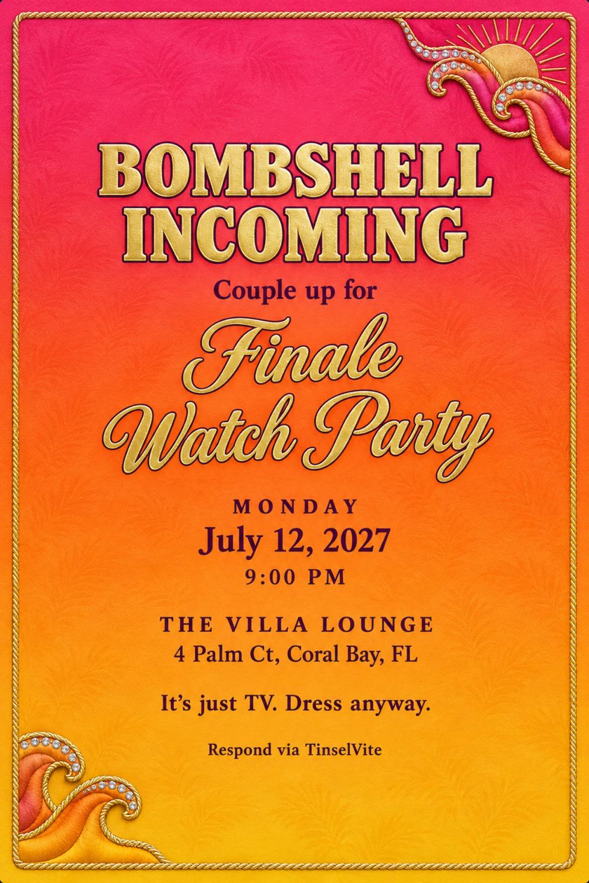 Satin watch party invitation in a pink to orange to yellow ombre with gold rope border, jeweled surf corners and gold lettering reading Bombshell Incoming, with the date and venue below.
