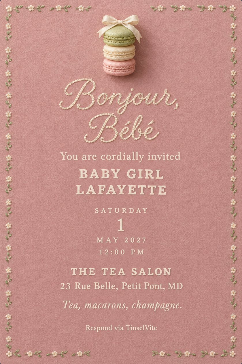 Dusty pink card edged with tiny cream and pistachio embroidered flowers. Three stacked macarons with a satin bow above script reading Bonjour, Bébé and BABY GIRL LAFAYETTE, date and venue below.
