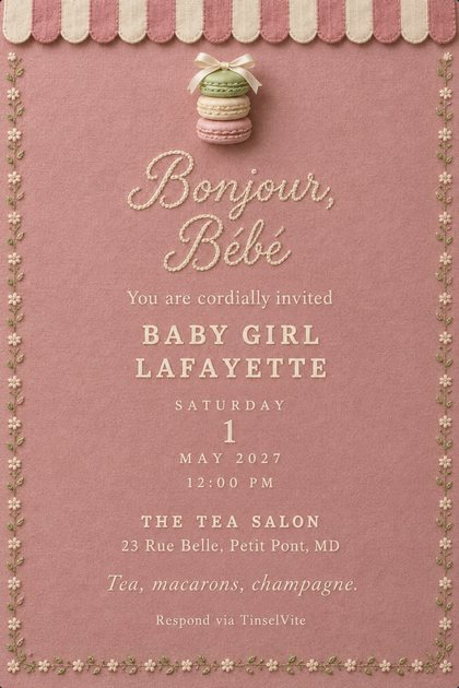 Dusty pink felt card with a pink and cream striped awning, three stacked macarons with a cream bow, stitched flower borders, and Bonjour, Bébé in cream script over BABY GIRL LAFAYETTE.