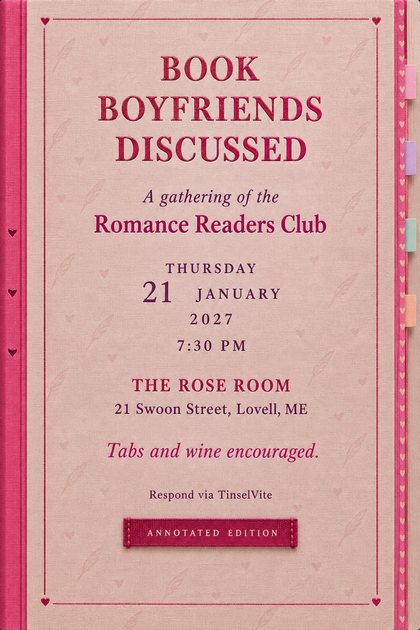 Book club invitation as a blush book cloth novel cover, with Book Boyfriends Discussed in raspberry foil, a hot pink spine, pastel tabs, and the date and venue below.