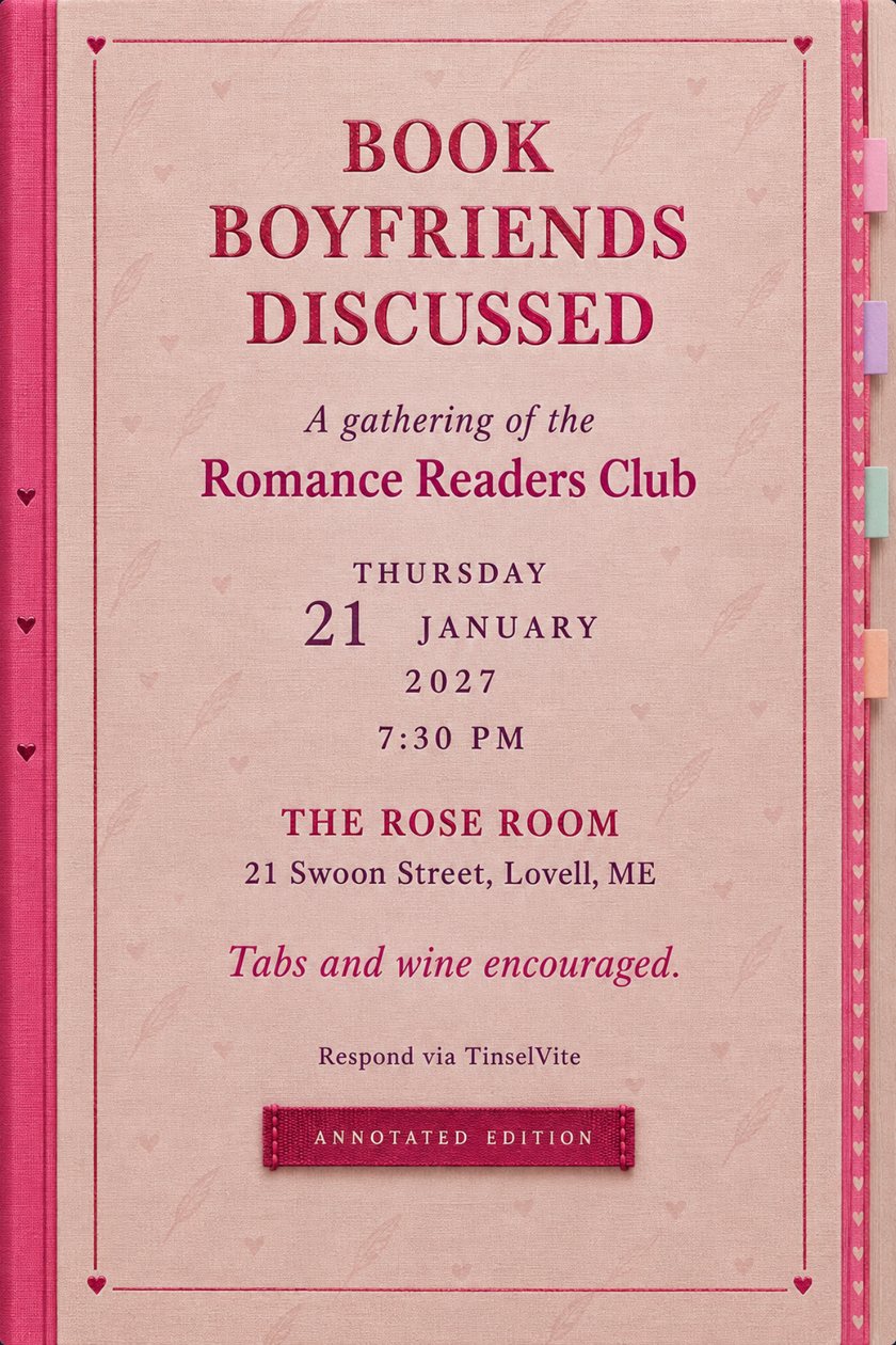 Book club invitation as a blush book cloth novel cover, with Book Boyfriends Discussed in raspberry foil, a hot pink spine, pastel tabs, and the date and venue below.