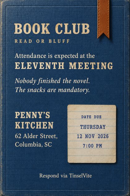 Ink-blue library book cloth with a cognac leather bookmark tab at top right. Gilt capitals read BOOK CLUB and READ OR BLUFF above ELEVENTH MEETING, with a stamped date-due slip carrying the date and venue.
