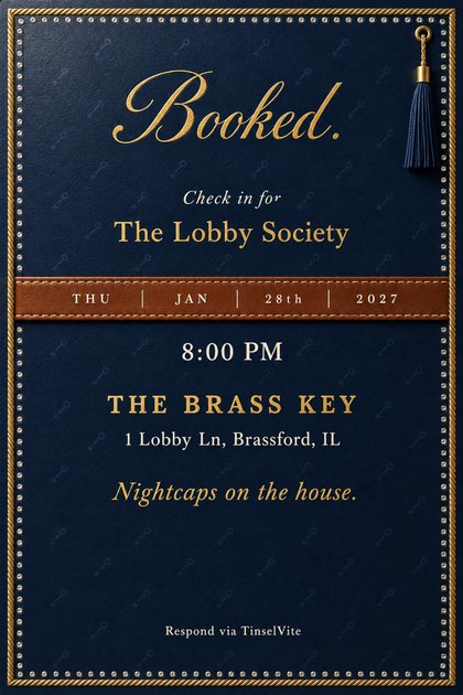 Navy leather book club invitation with gold script Booked, a navy tassel, a stitched cognac strap and a crystal-dotted gold border, with the date and venue below
