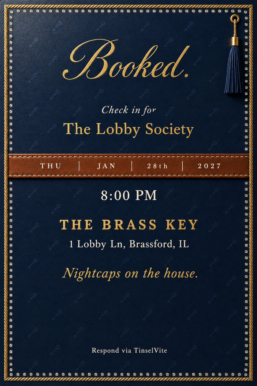 Navy leather book club invitation with gold script Booked, a navy tassel, a stitched cognac strap and a crystal-dotted gold border, with the date and venue below