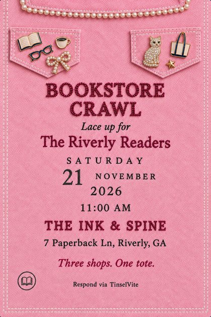 Book club invitation on pink denim with a pearl collar, two pocket flaps of enamel pins and a crystal cat, and a beaded berry title reading Bookstore Crawl, date and venue below.