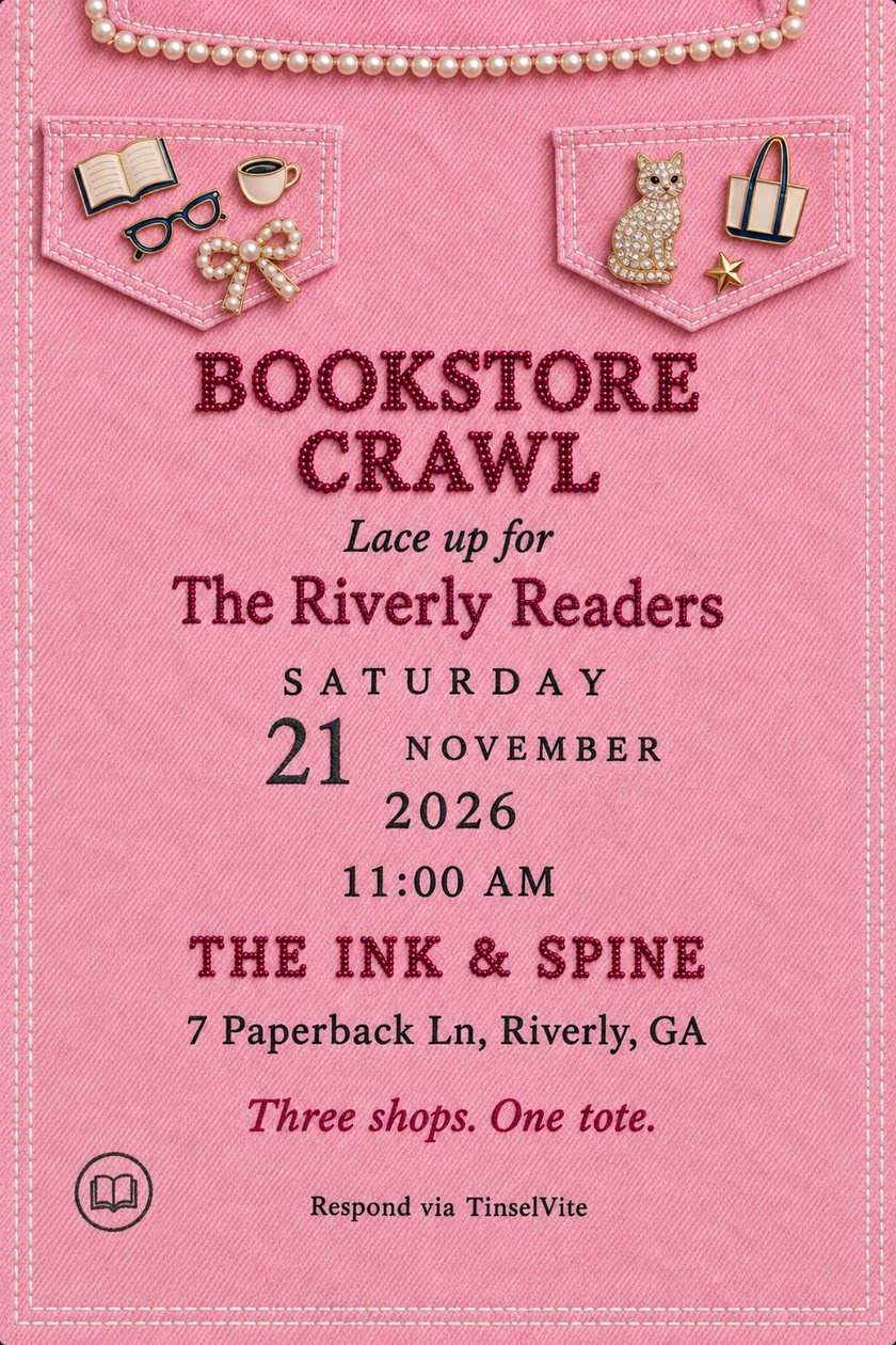 Book club invitation on pink denim with a pearl collar, two pocket flaps of enamel pins and a crystal cat, and a beaded berry title reading Bookstore Crawl, date and venue below.