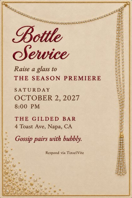 Watch party invitation on champagne satin with a rhinestone chain swag across the top, a tassel down the right edge, burgundy script title Bottle Service, and the date and venue below.