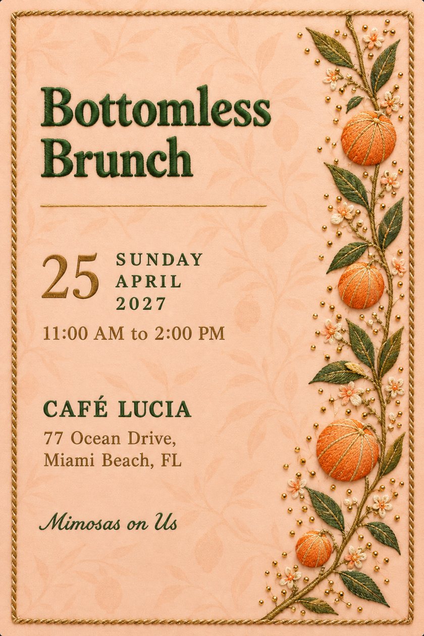 Brunch invitation with an embroidered vine of oranges, blossoms and gold beads on peach, a gold rope border, and Bottomless Brunch in green, date and venue below.