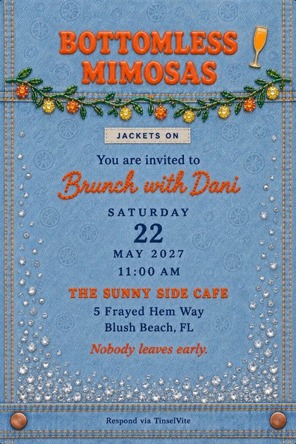 Blush pink denim card with raspberry topstitching. Puff-paint capitals read BOTTOMLESS above JACKETS ON and script reading Brunch with Dani, with the date and venue below. Clear crystal fringe hangs from the hem.