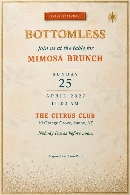 Brunch invitation on cream cotton sateen with faint orange slices, a gold rim, a tangerine woven label, gold sun and glass bead bubbles. Reads Bottomless, with the date and venue below.