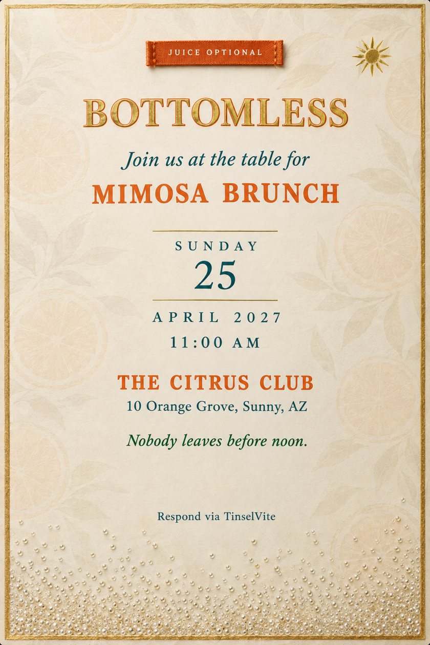 Brunch invitation on cream cotton sateen with faint orange slices, a gold rim, a tangerine woven label, gold sun and glass bead bubbles. Reads Bottomless, with the date and venue below.