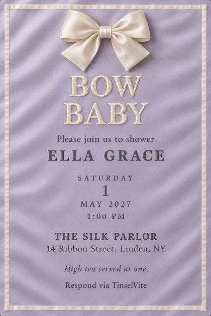 Lilac satin card with an ivory satin bow at the top and a stitched ivory border. Embroidered ivory BOW BABY, then Please join us to shower ELLA GRACE, with the date and venue below.