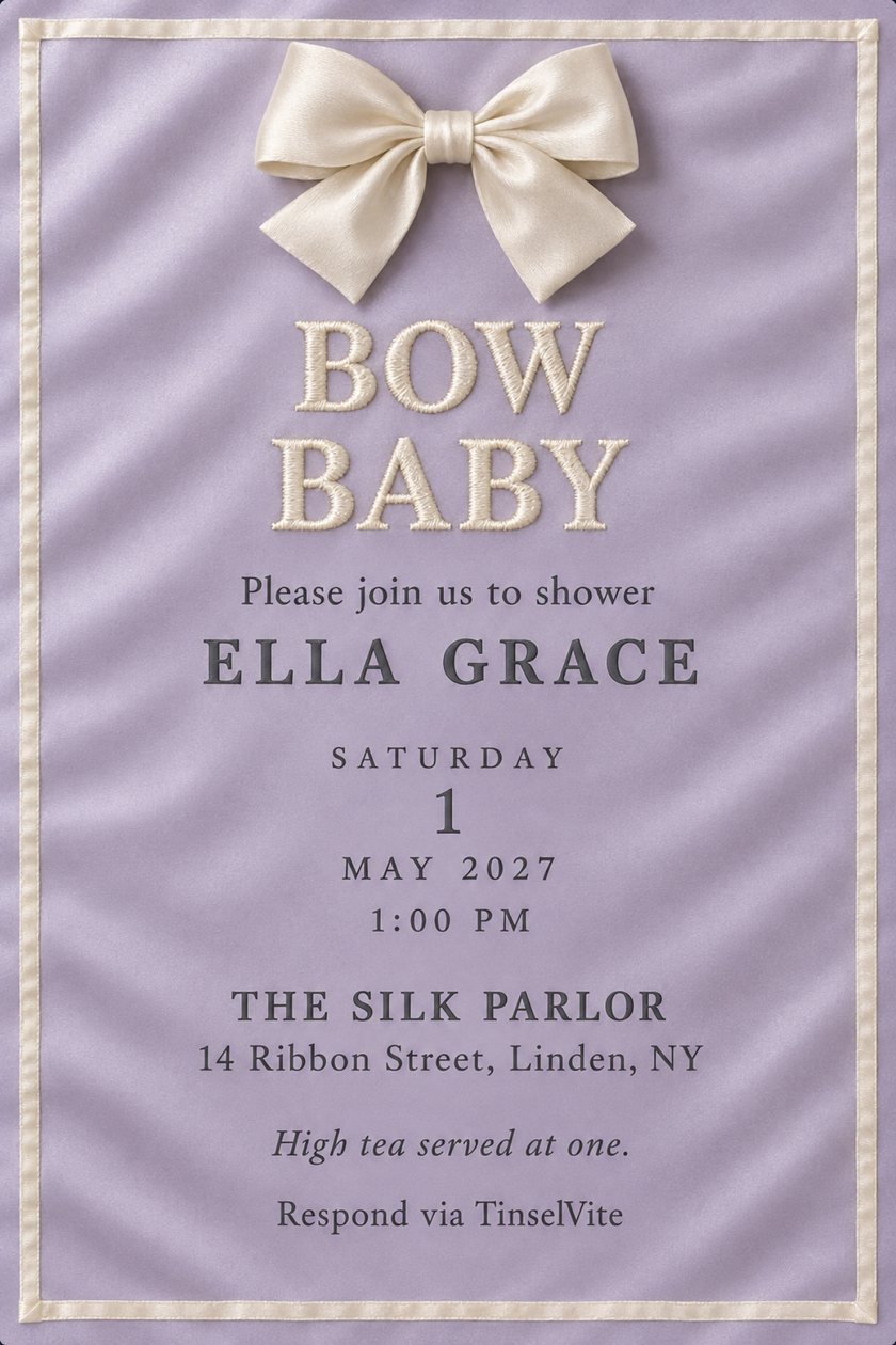 Baby shower invitation: Lilac satin card with an ivory satin bow at the top and a stitched ivory border. Embroidered ivory BOW BABY, then Please join us to shower ELLA GRACE, with the date and venue below.