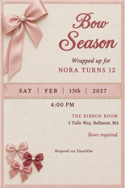 Birthday invitation on ivory taffeta: a large blush satin bow top left, a ribbon band edged with pearls for the date, three small bows below, and Bow Season in embroidered script.