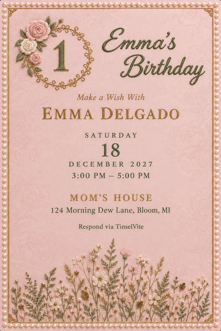 First birthday invitation in blush pink: gold filigree ring with a number 1 and embroidered roses, pearl border, wildflower meadow, green script title, date and venue below.