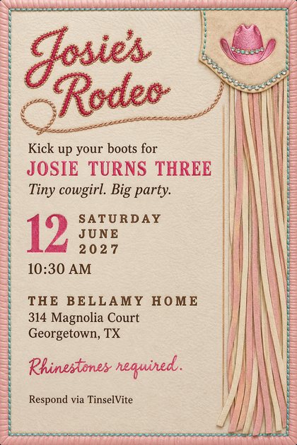 Cowgirl birthday invitation on cream leather with a pink chain-stitched script title, a rope lasso, and a pink hat on a fringed suede yoke, with the date and venue below.