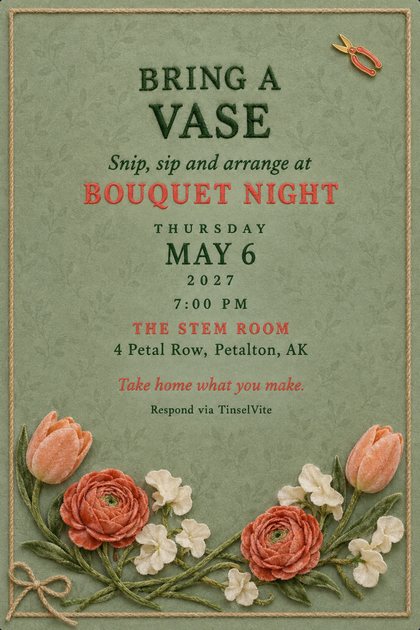 Flower arranging night invitation on sage green velvet with peach tulips and coral ranunculus across the bottom, a jute twine border, and Bring a Vase in large green lettering.