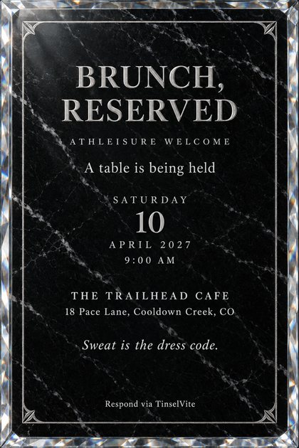 Black marble card with faceted crystal edges and an engraved silver frame. Silver capitals read BRUNCH, RESERVED over ATHLEISURE WELCOME, with the date, venue and "Sweat is the dress code" below.