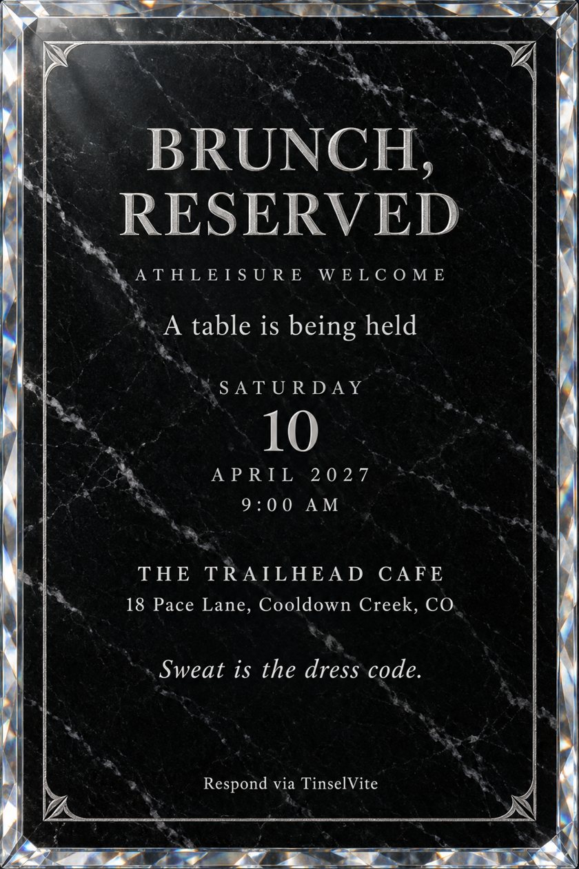 Just because invitation: Black marble card with faceted crystal edges and an engraved silver frame. Silver capitals read BRUNCH, RESERVED over ATHLEISURE WELCOME, with the date, venue and "Sweat is the dress code" below.