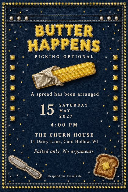 Indigo denim card with a rhinestone border, a beaded butter stick in peeled foil, knife and toast patches, and puff-paint capitals reading BUTTER HAPPENS above the date and venue.