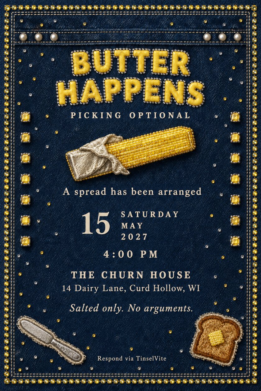 Just because invitation: Indigo denim card with a rhinestone border, a beaded butter stick in peeled foil, knife and toast patches, and puff-paint capitals reading BUTTER HAPPENS above the date and venue.