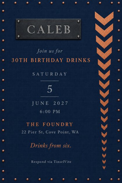 Midnight-blue waxed canvas 30th birthday drinks invitation with a steel name plate, copper rivets around the edge and a column of copper chevrons, with the date and venue below.